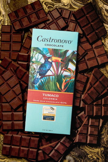 A chocolate bar packaging with the brand Castronovo Chocolate, the product name Tumaco, and an image of a colorful bird on the packaging, surrounded by pieces of dark chocolate.