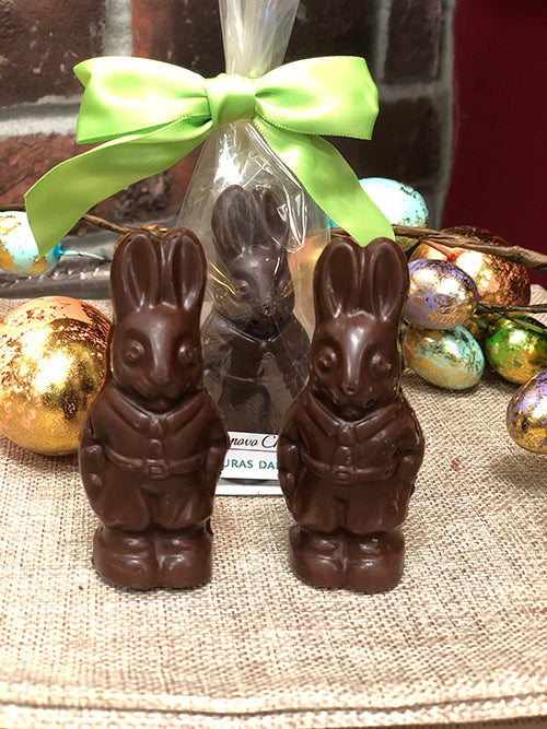 Two solid chocolate bunnies, one in white and one in dark chocolate, with a green ribbon on top, displayed on a wooden surface with Easter eggs in the background.